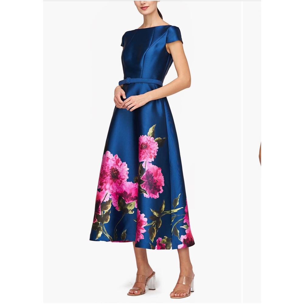 Kay Unger Ina Belted Midi Cocktail Dress - Dark Ink/french rose 6 - Picture 8 of 9